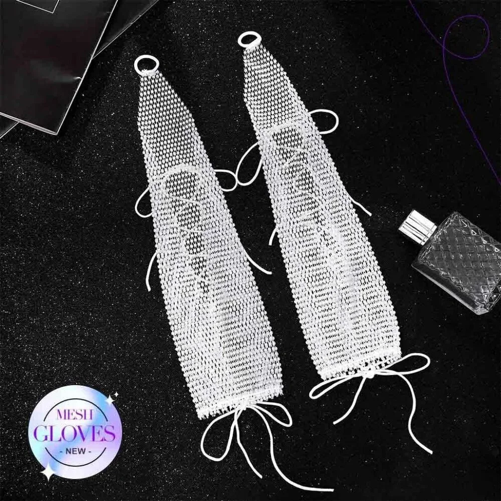 Women's Rhinestone Long Arm Rave Sleeves Fingerless Gloves White Fishnet